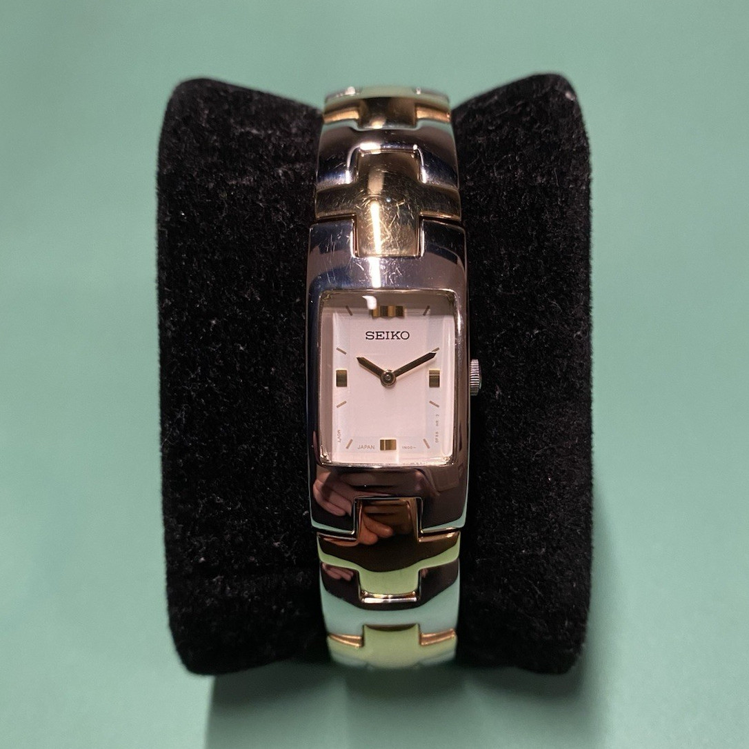 Vintage Seiko tank style woman’s quartz dress watch with integrated bracelet