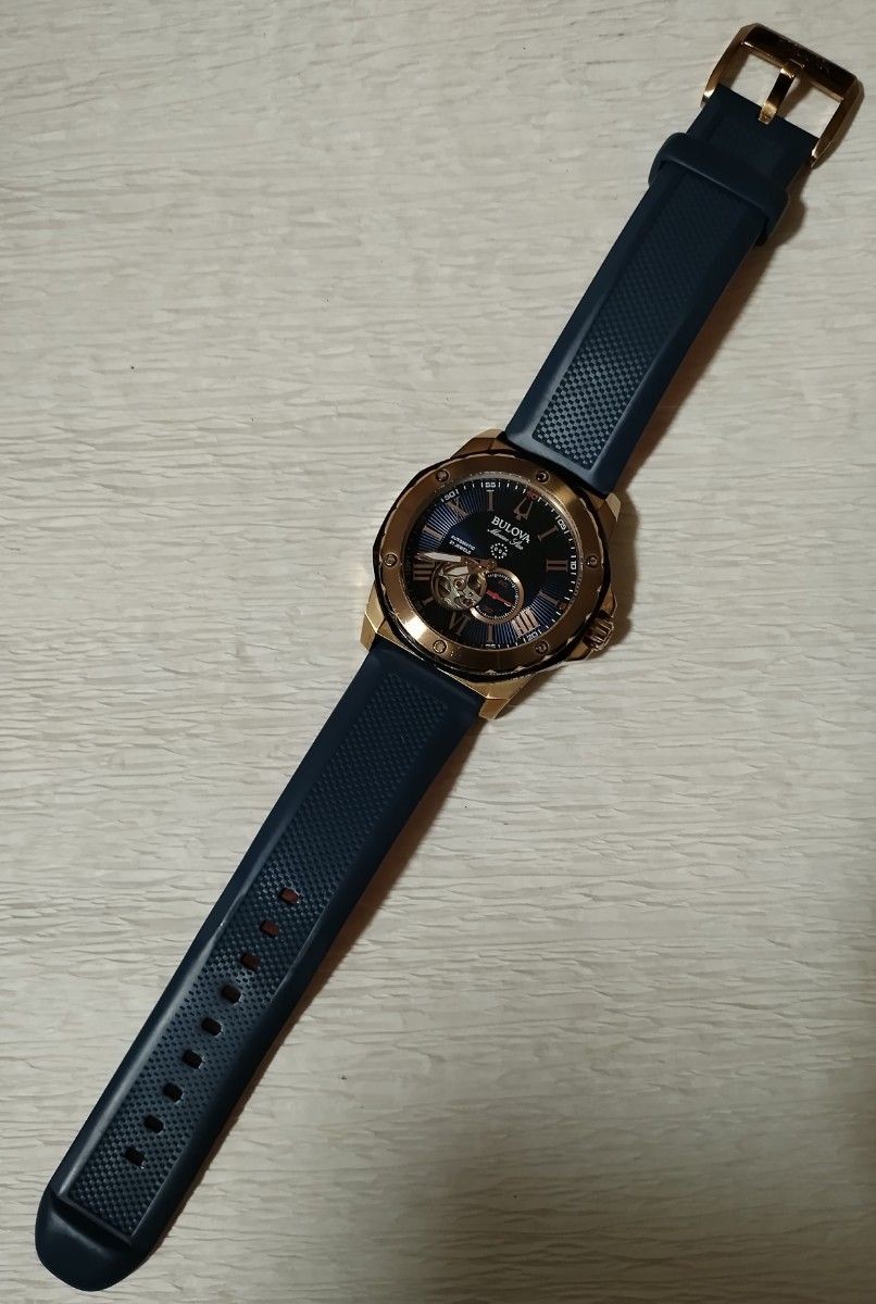 Working Bulova Marine Star Automatic 21 Jewels Rose Gold Navy Open Heart 98A227