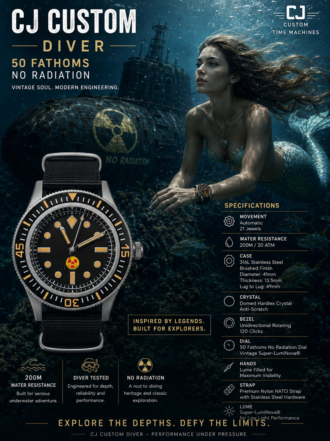 CJ CUSTOM VINTAGE DIVER 50 FATHOMS NO RADIATION WR20ATM