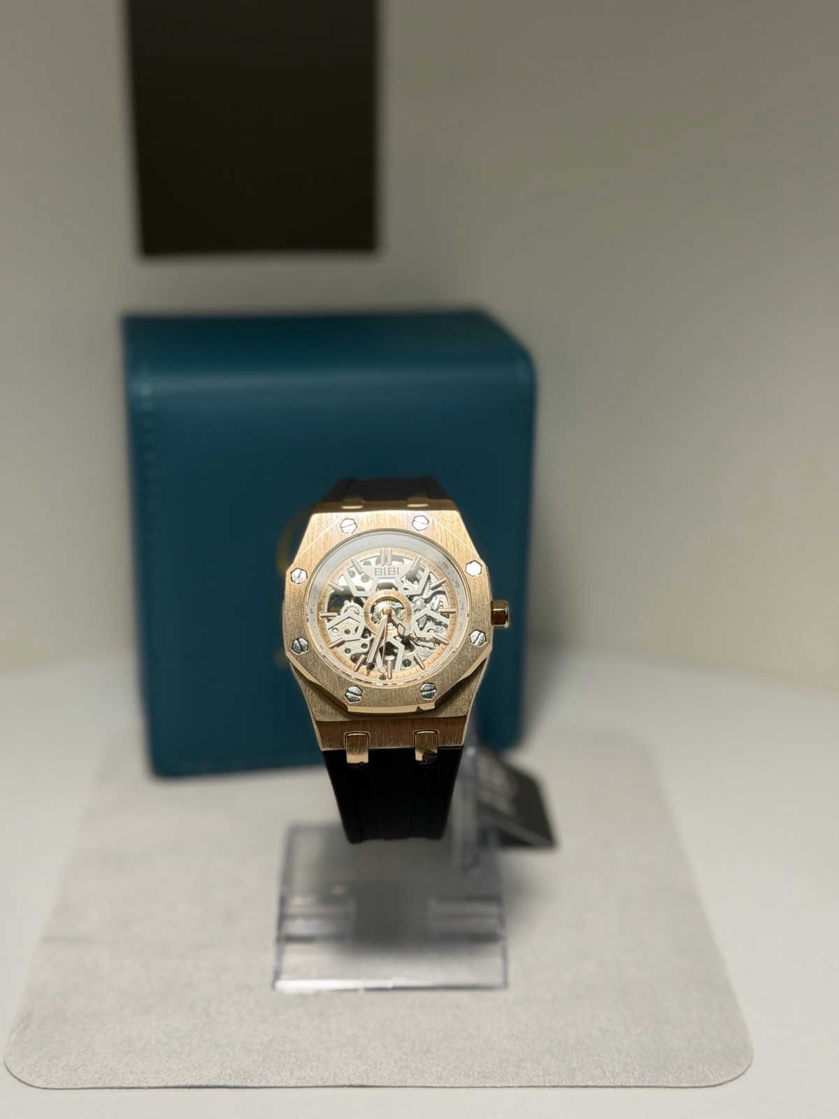 BIBI Skeleton Automatic Watch Rose Gold Black Silicone Strap 41.5mm! SLEEK! NEW!