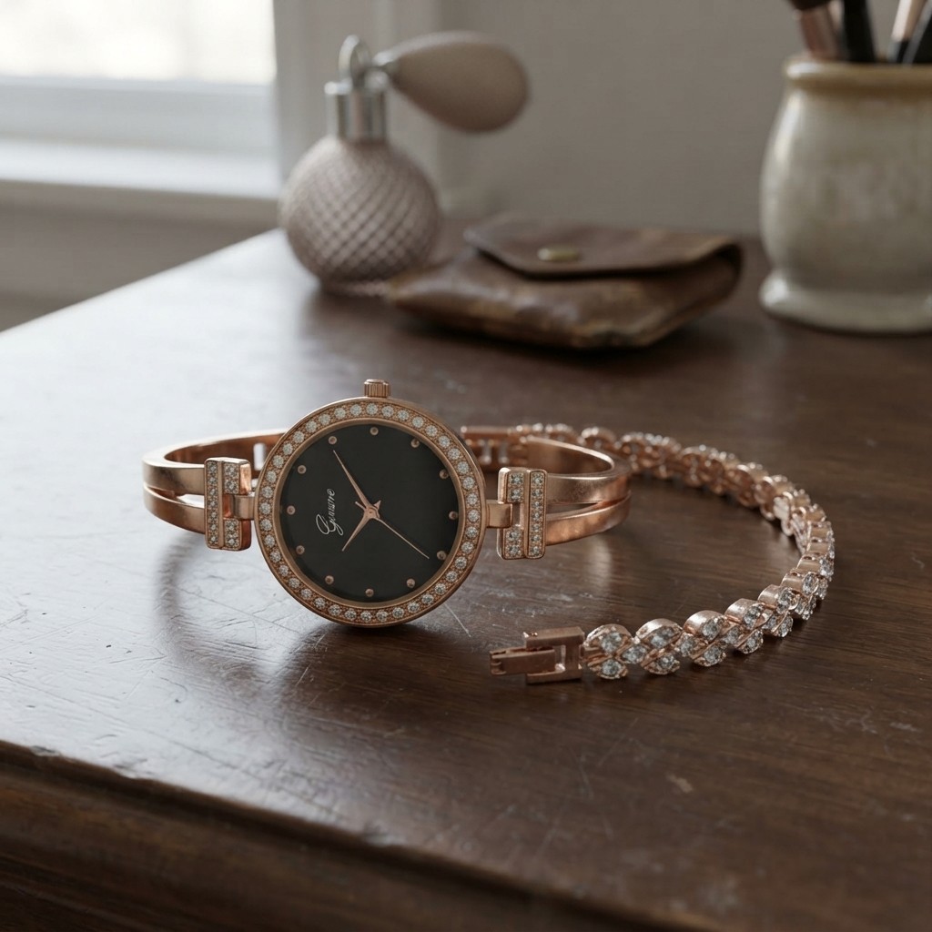 Stylish Women’s Quartz Watch & Crystal Bracelet Matching Set – Perfect Gift