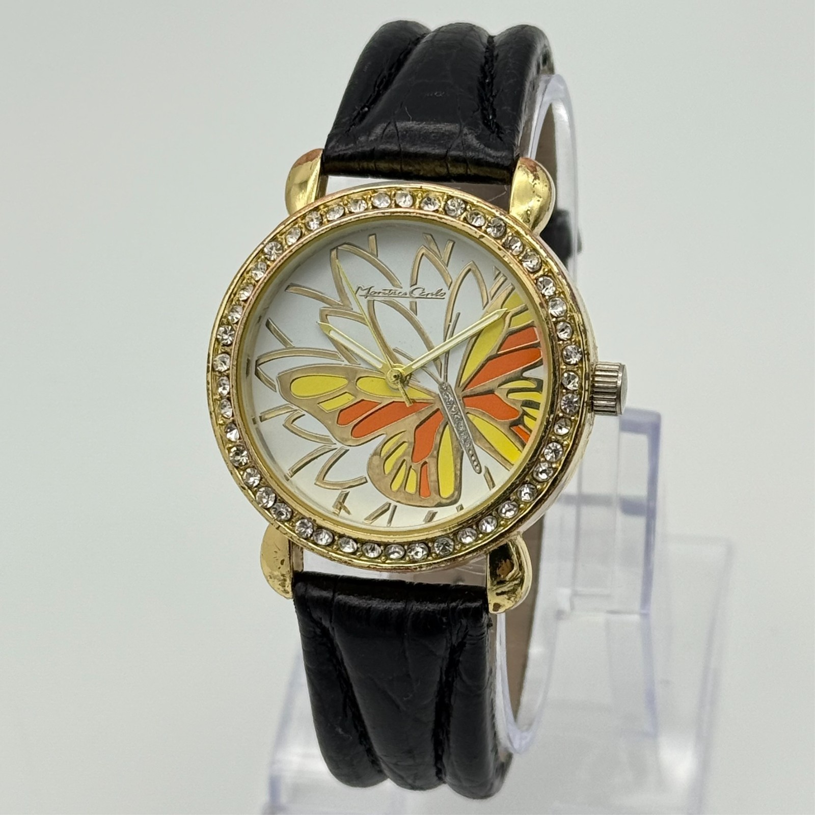 Women’s MONTRES CARLO Gold Tone Butterfly Dial, Crystal Accent Watch, Leather