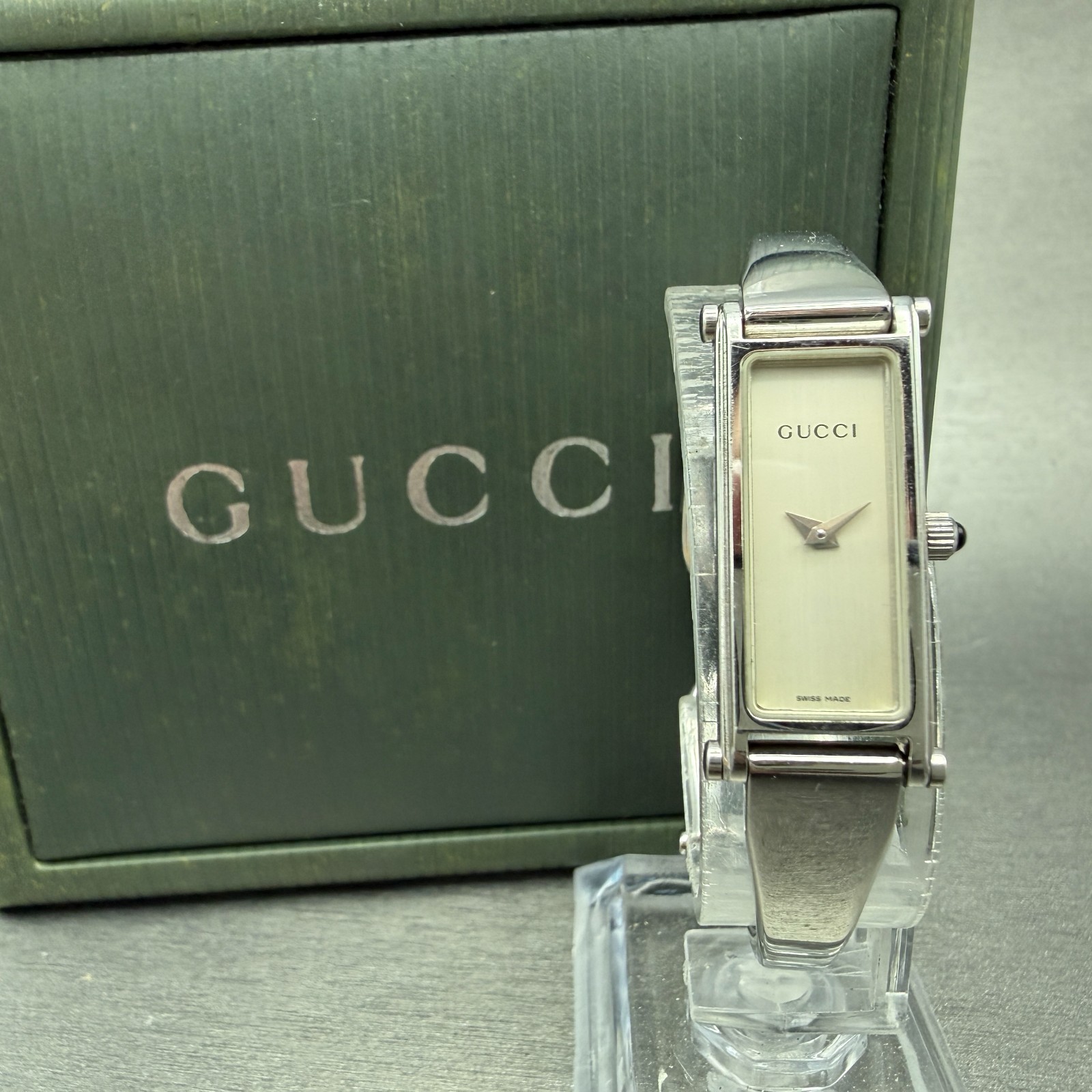Gucci 1500L Tank Watch Women 12mm Black Dial Steel Rectangle Bangle New batt Box