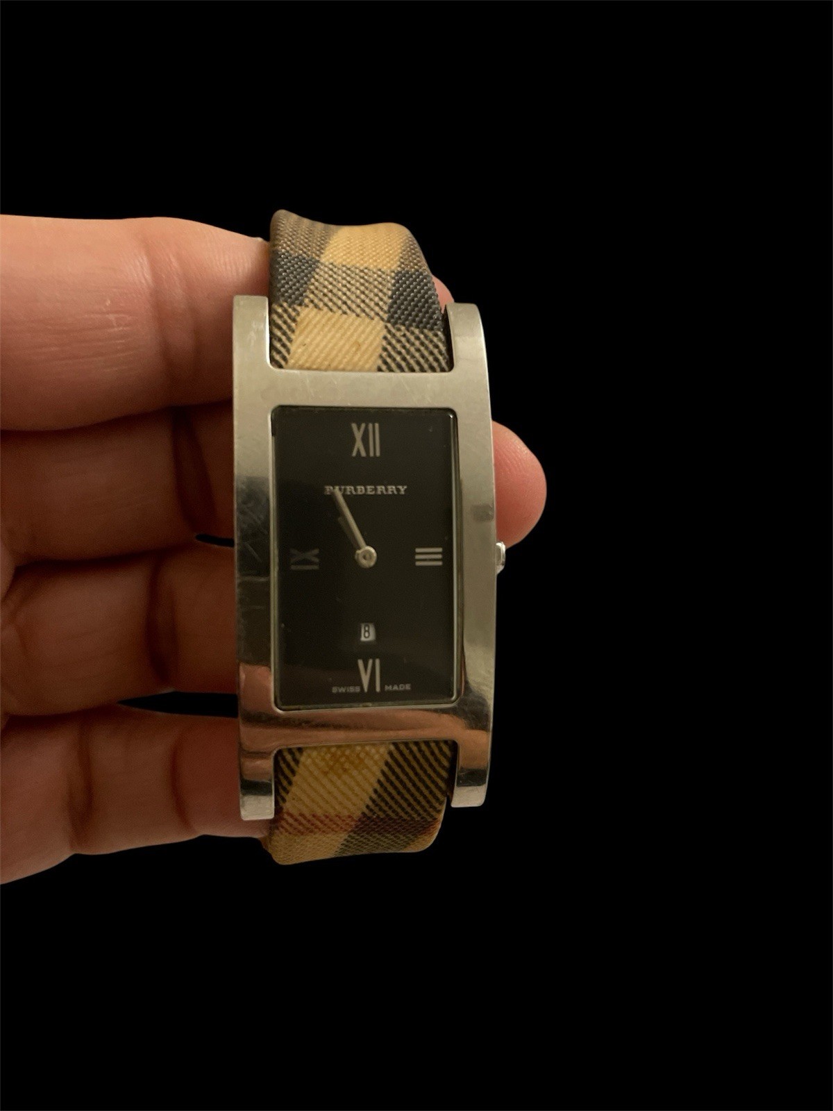Burberry Nova Check Rectangle Quartz Wristwatch Fabric Strap Black Dial
