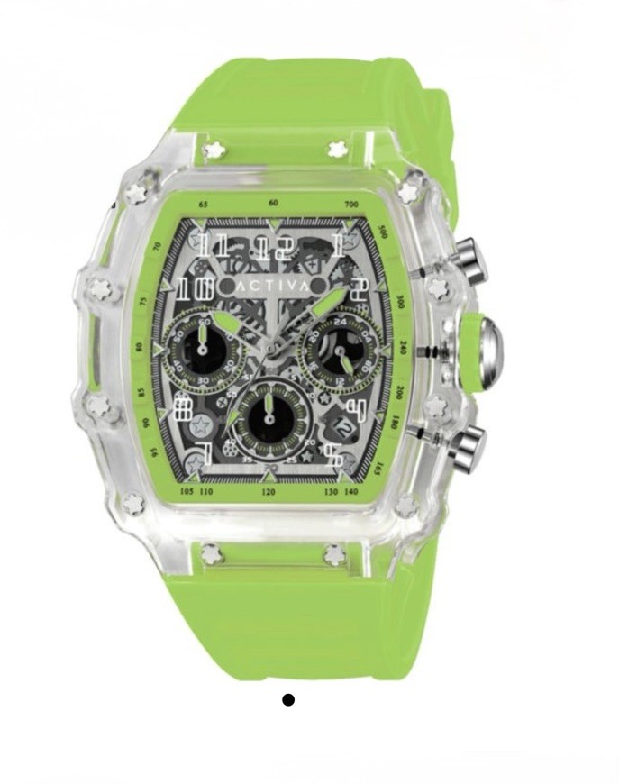 Activa Chronograph Quartz Neon Green Silicone Band Men’s Sport Watch Skeleton