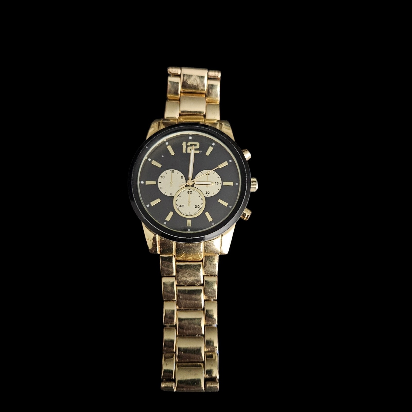 Gold Tone Chronograph Style Watch Black Dial Quartz Wristwatch