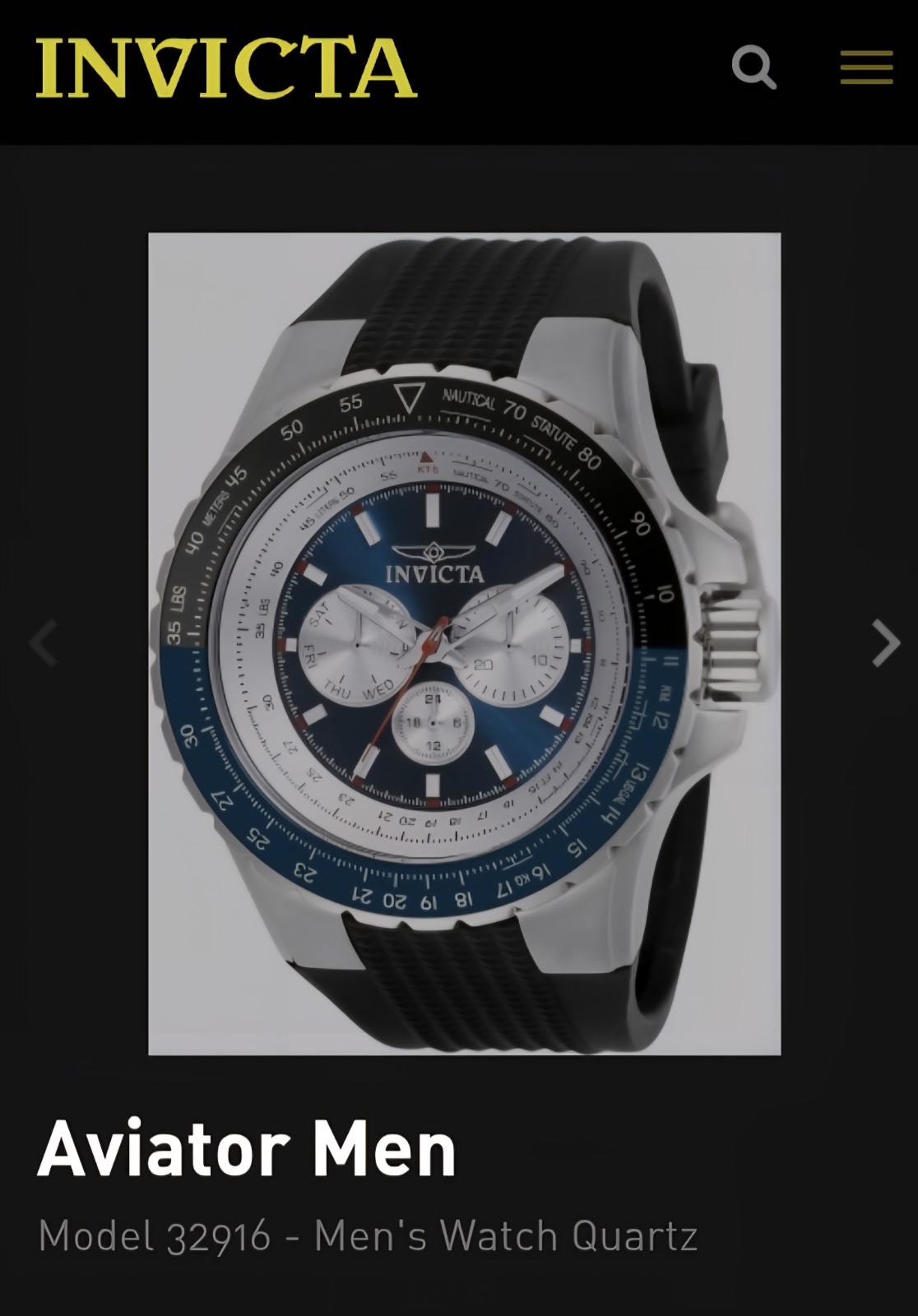 Invicta Aviator 32916 50mm Silver Stainless Steel Case with Black Silicone Strap