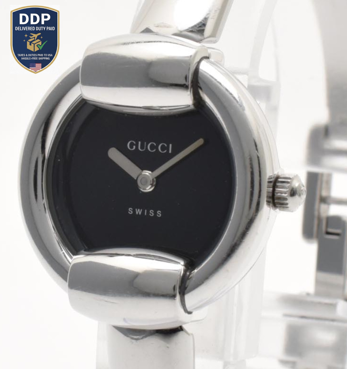 [Exc+5] GUCCI 1400L Black Dial Silver Bangle Quartz Ladies Vintage Watch 16.5cm
