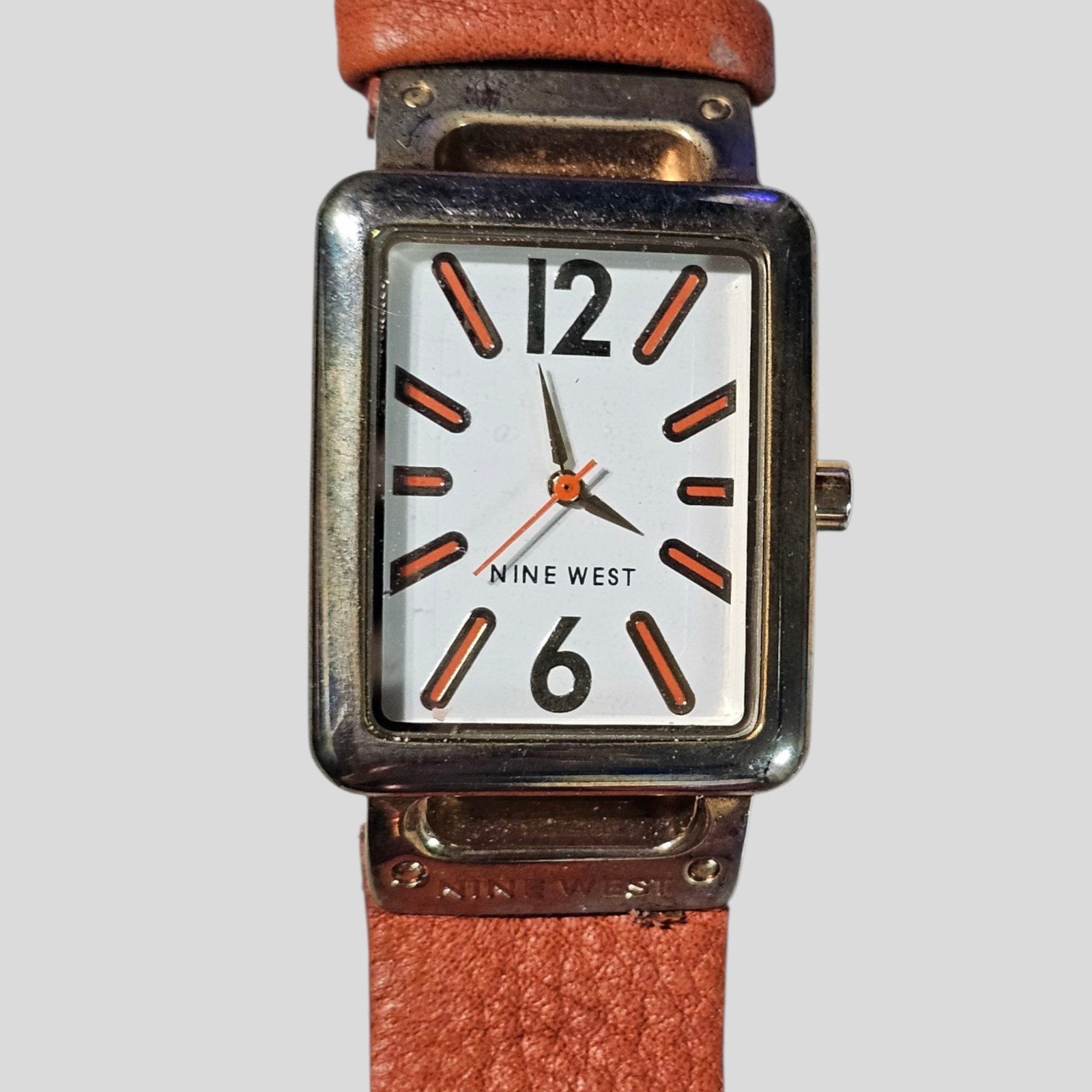Nine West Women’s Rectangle Watch White Dial Orange Brown Strap Leather