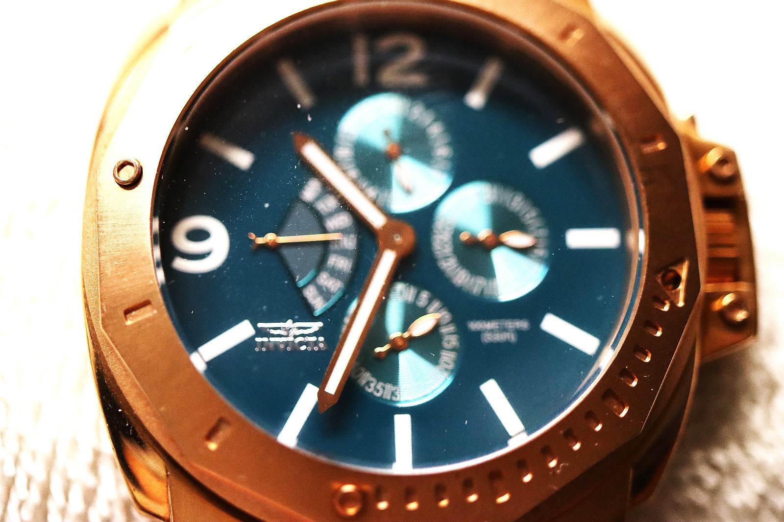 ROSE GOLD CASE INVICTA 5776 Blue Green Dial Brown leather Strap Men’s Watch
