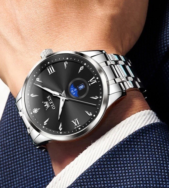 OLEVS Luxury Men’s Quartz Watch Business 3 Bar Luminous Stainless Steel Strap