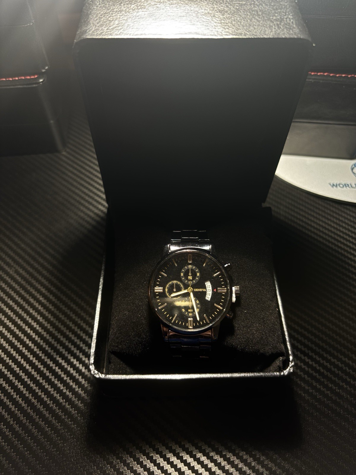 Geneva Men’s Black Analog Wristwatch Day/Date Stick Indexes in Box
