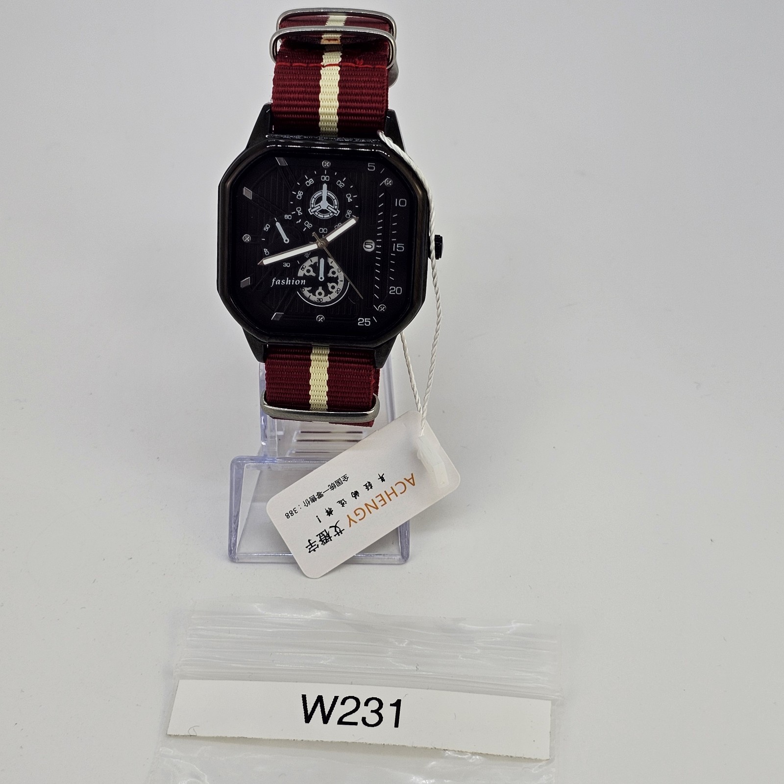 42MM Watch Men Black Dial Date Indicator Red Cream Canvas Band New Battery