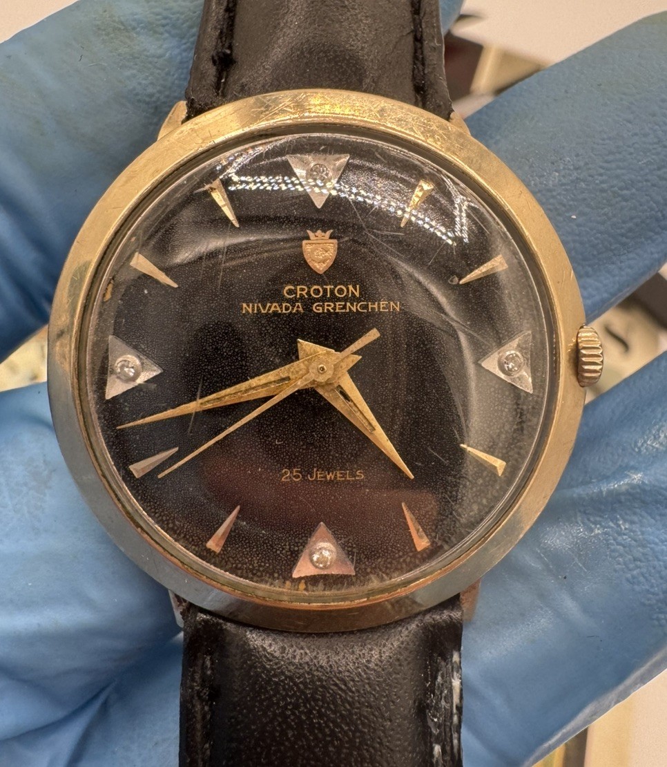 Vintage Croton Nivada Grenchen Aquamatic 25J Automatic 10K GF Black Diamond Dial