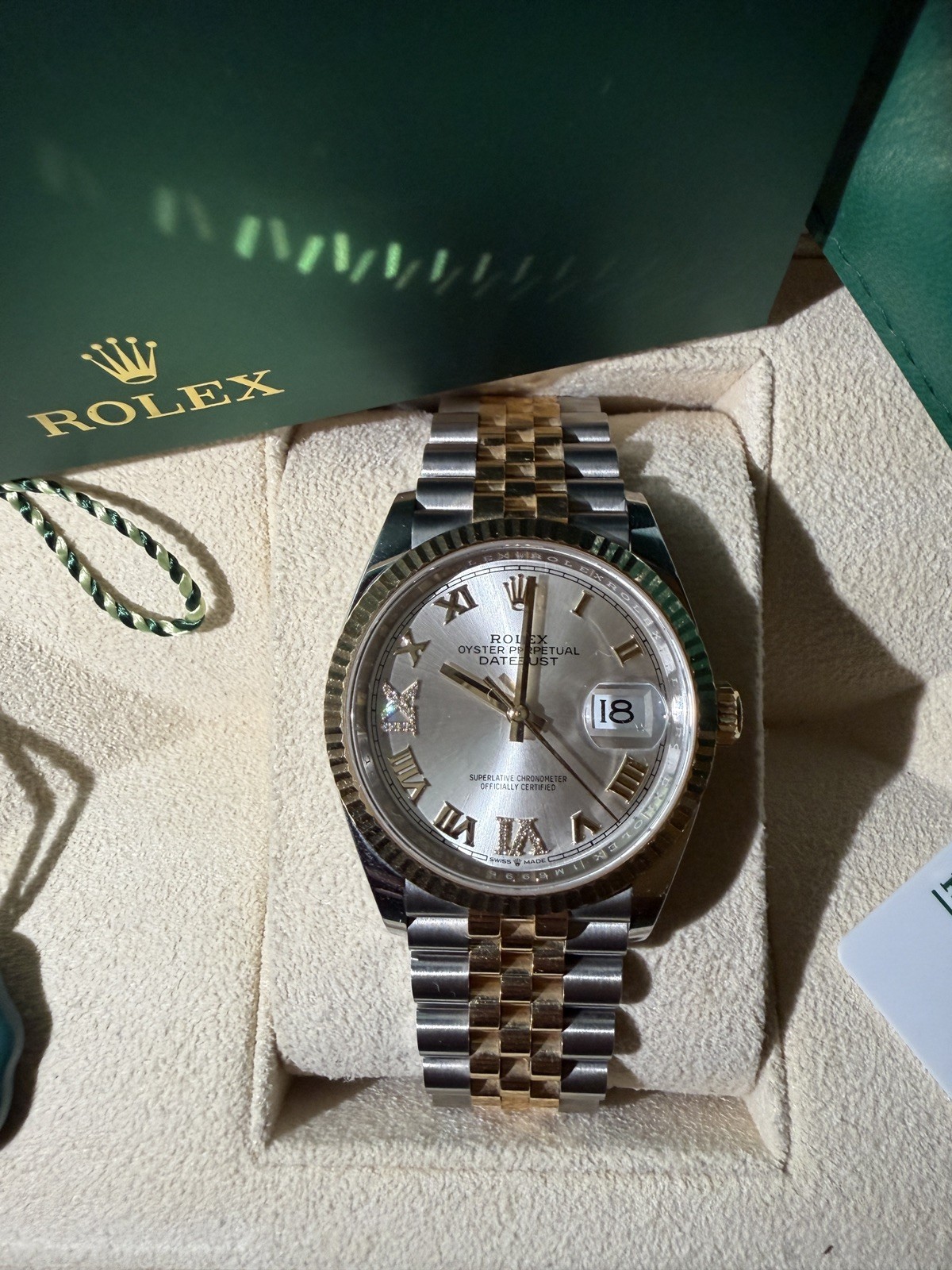 Rolex Datejust 36 Two-Tone Fluted Bezel Jubilee Bracelet Silver Roman Dial.