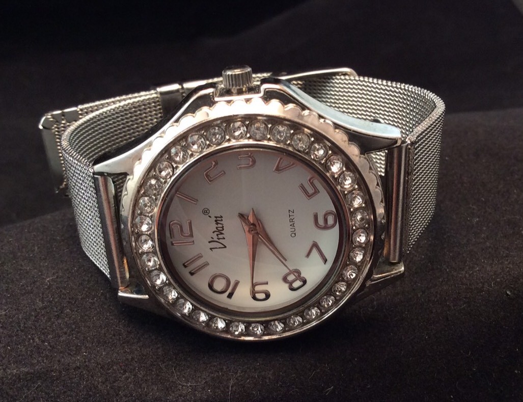 Vivani Women’s Rhinestone Bezel Watch Silver Tone White Dial Bracelet Link Band