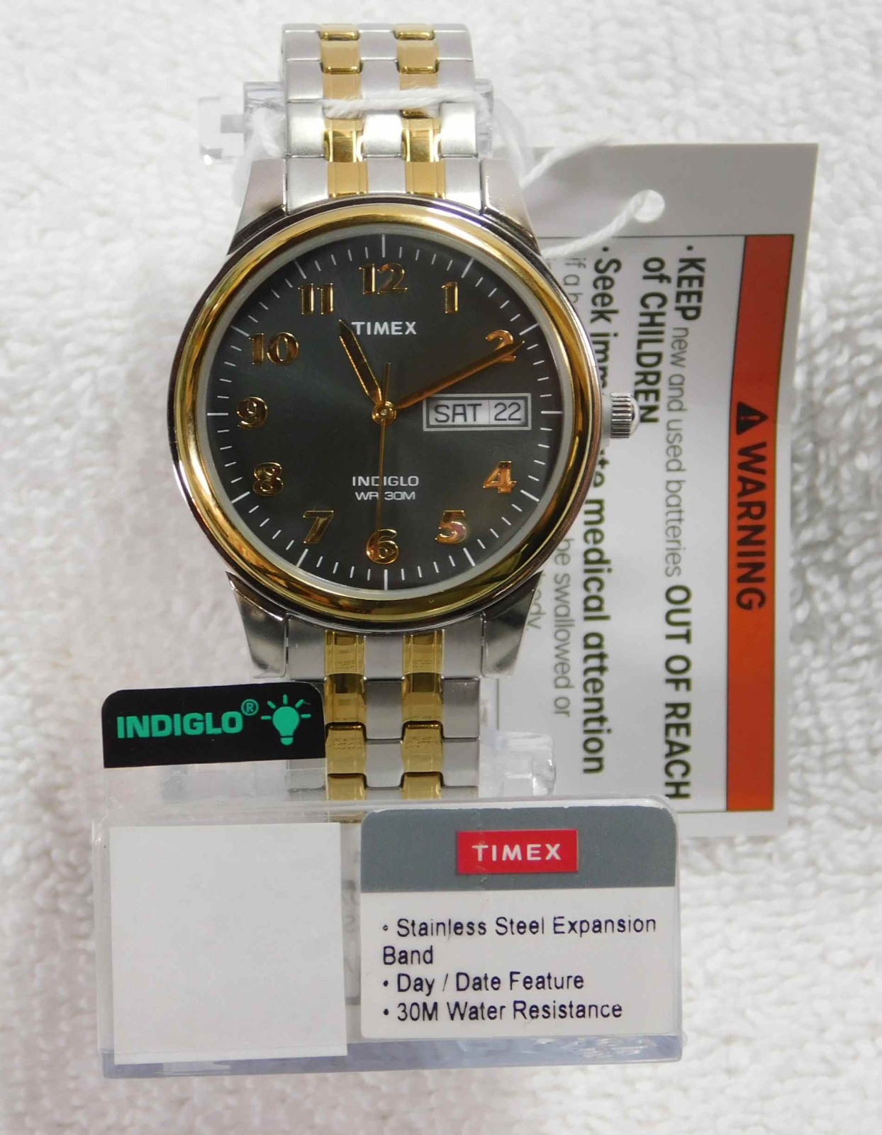 Timex Two Tone Men’s Indiglo Watch Stainless Steel Expansion Band NEW T 26481 WF