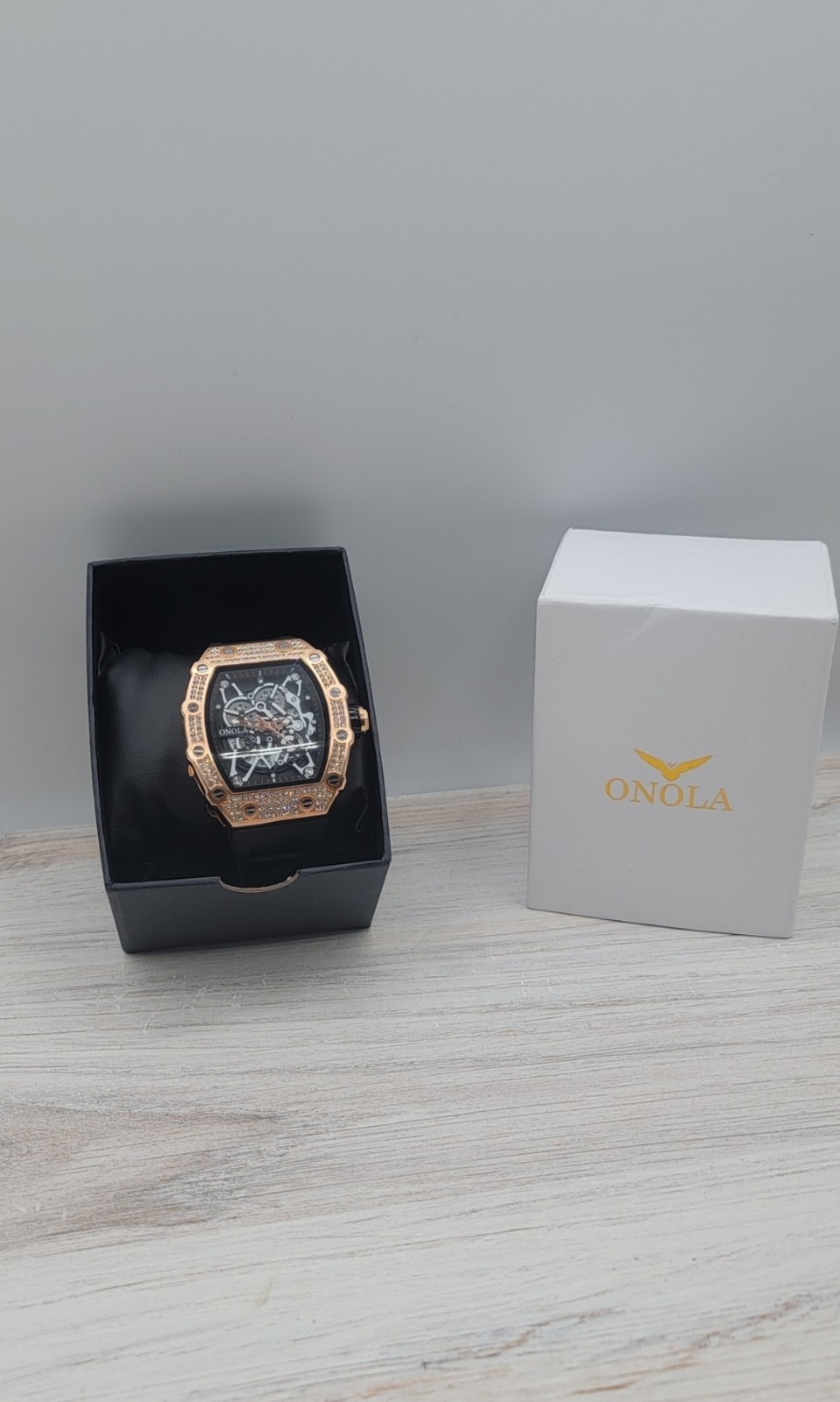 ONOLA Automatic Mechanical Skeleton Watch Rose Gold Black Diamond Style New With