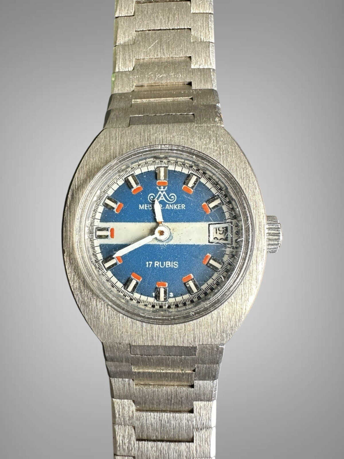 Vintage Meister Anker 17j Manual Wind Dive Watch Germany Blue Dial Stainless EUC