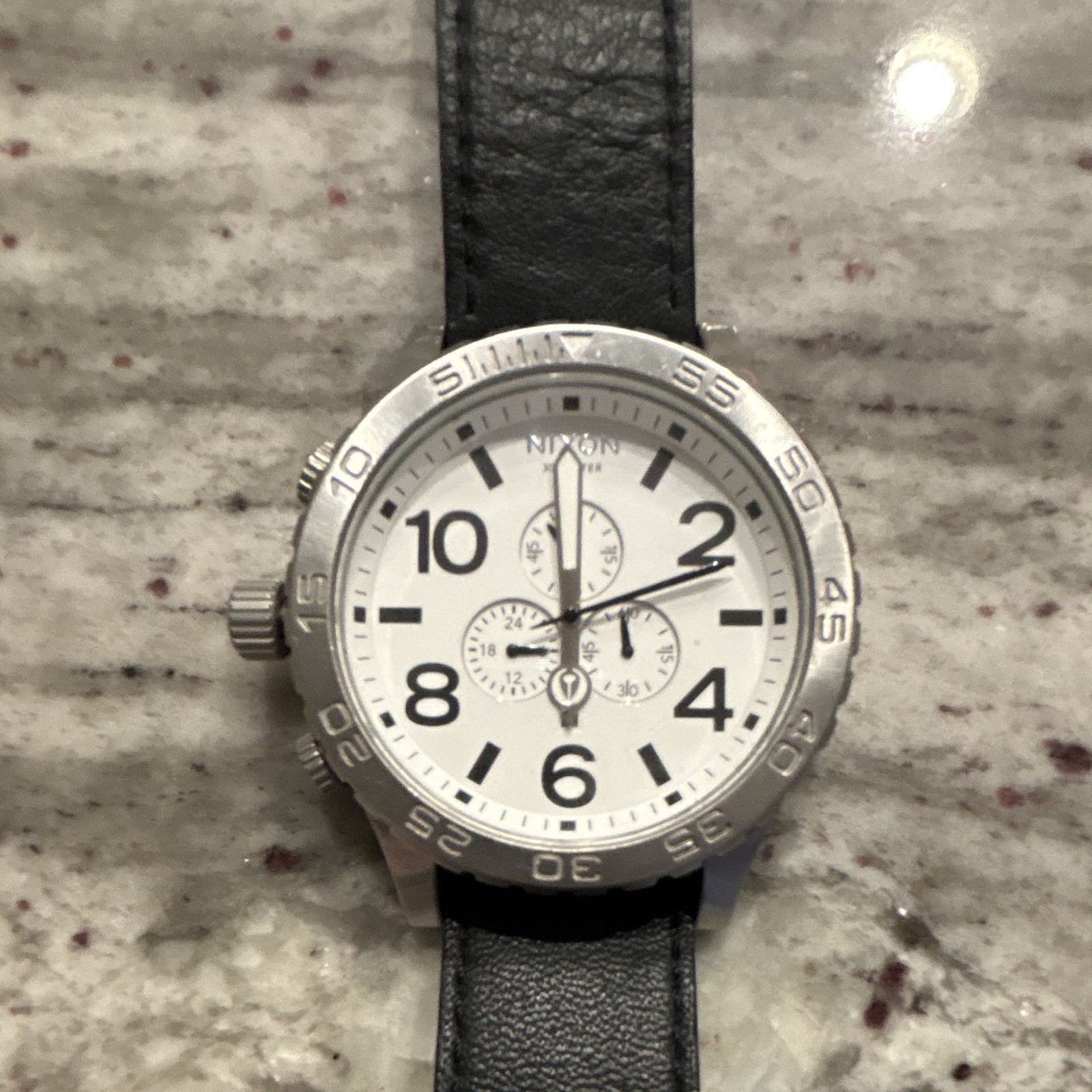 Nixon 51-30 Chrono Quartz 51mm White Dial Black Leather Strap 300m