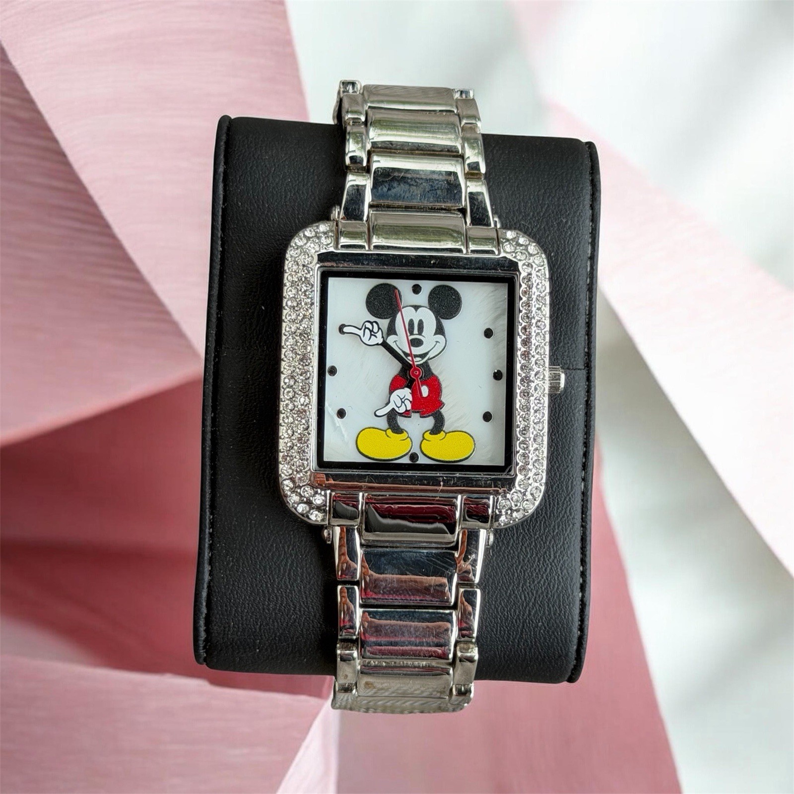 Disney Mickey Mouse Tank Watch All Silver Gold Rhinestone Bezel New In Box