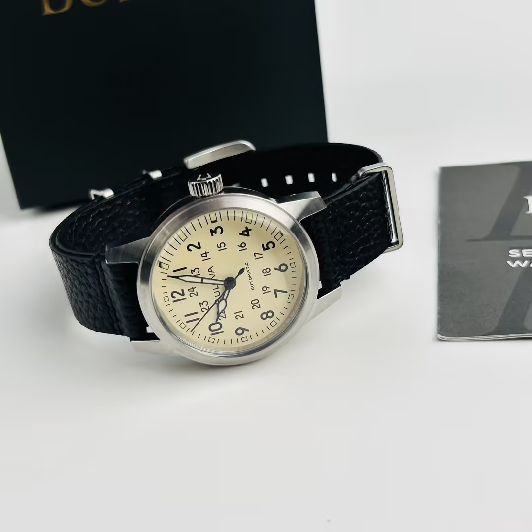 Bulova Hack 98A246 Ivory Dial Black Leather Strap Men’s Automatic Watch 38MM