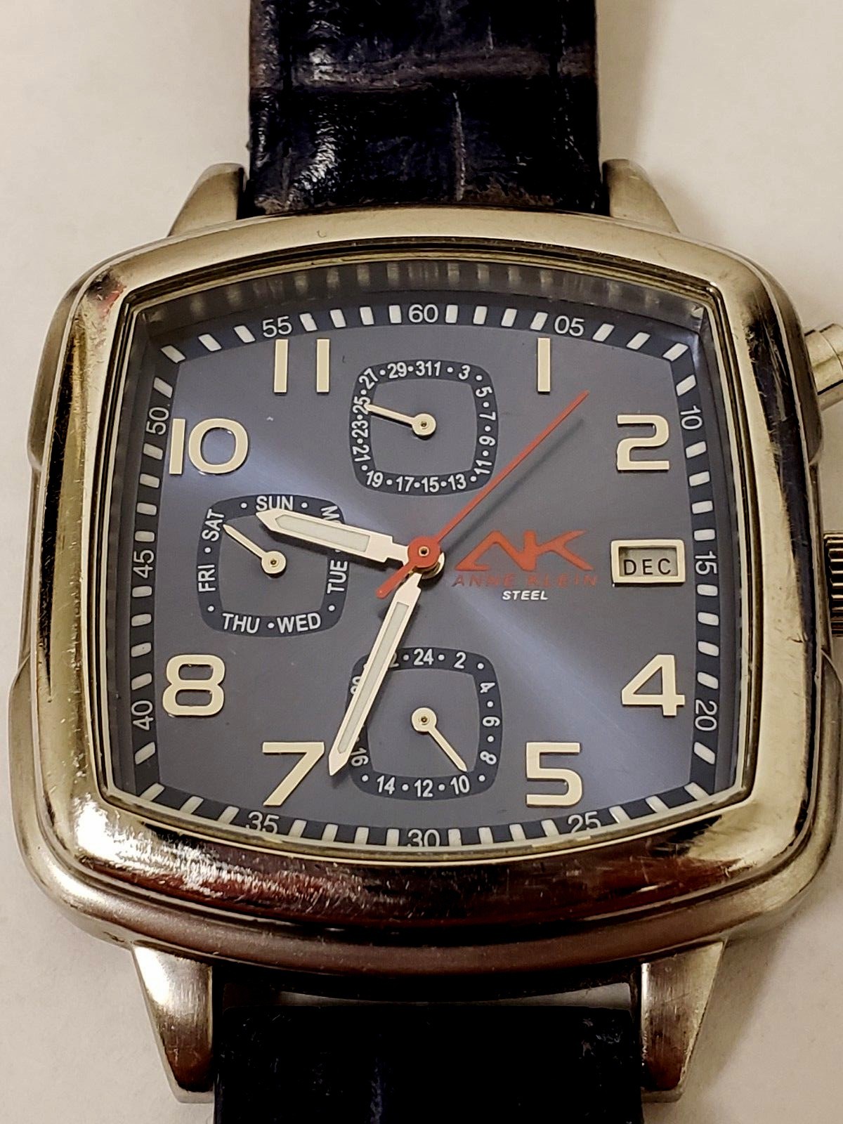 Anne Klein AK Navy Blue Day Date DOW 24-HR Red White Blue Square Unisex Watch