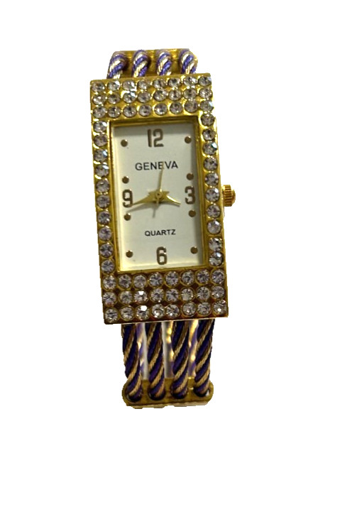 Vintage Y2K Geneva Cable Cuff Bangle Watch Rhinestone Bezel Gold Silver Tone