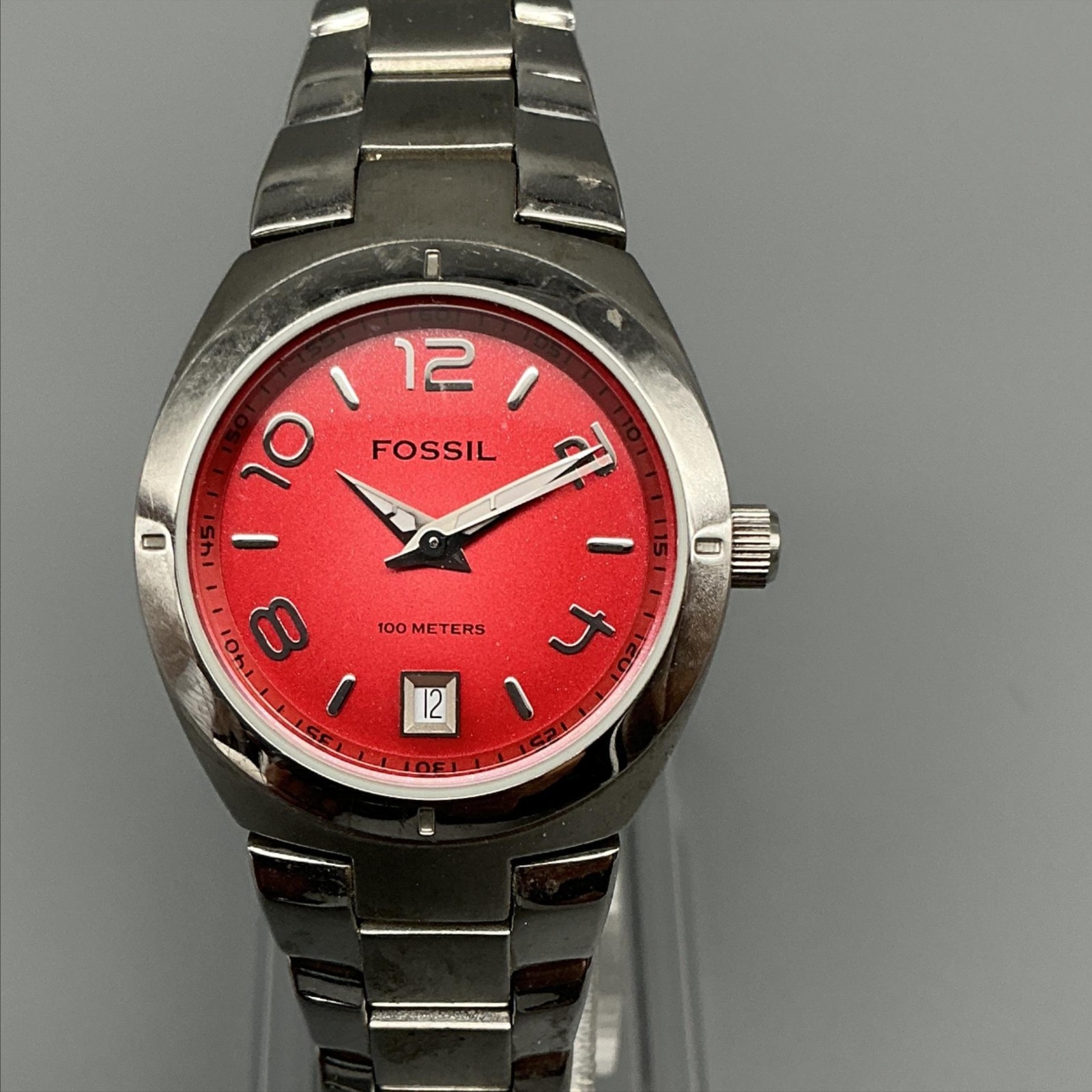 Fossil Blue Womens Watch 28mm Red Dial Stainless Date AM-4100 New Battery 6.75″