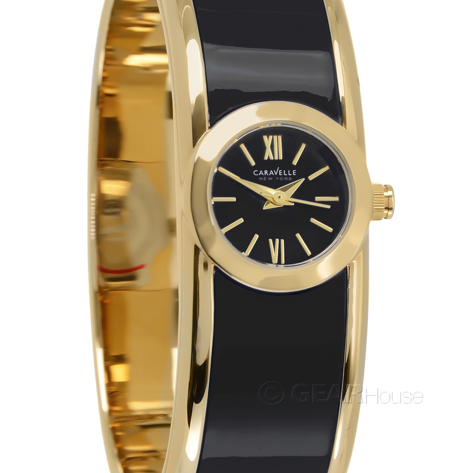Caravelle NY by Bulova Womens Bangle Watch, Black & Gold Band, Round Dial