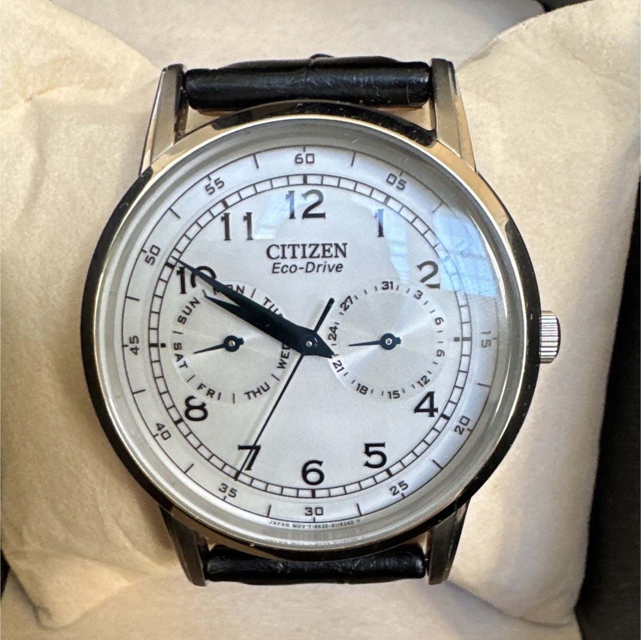Citizen Eco-Drive White Dial Day 24-Hour Silver SS Case Black Leather 41mm