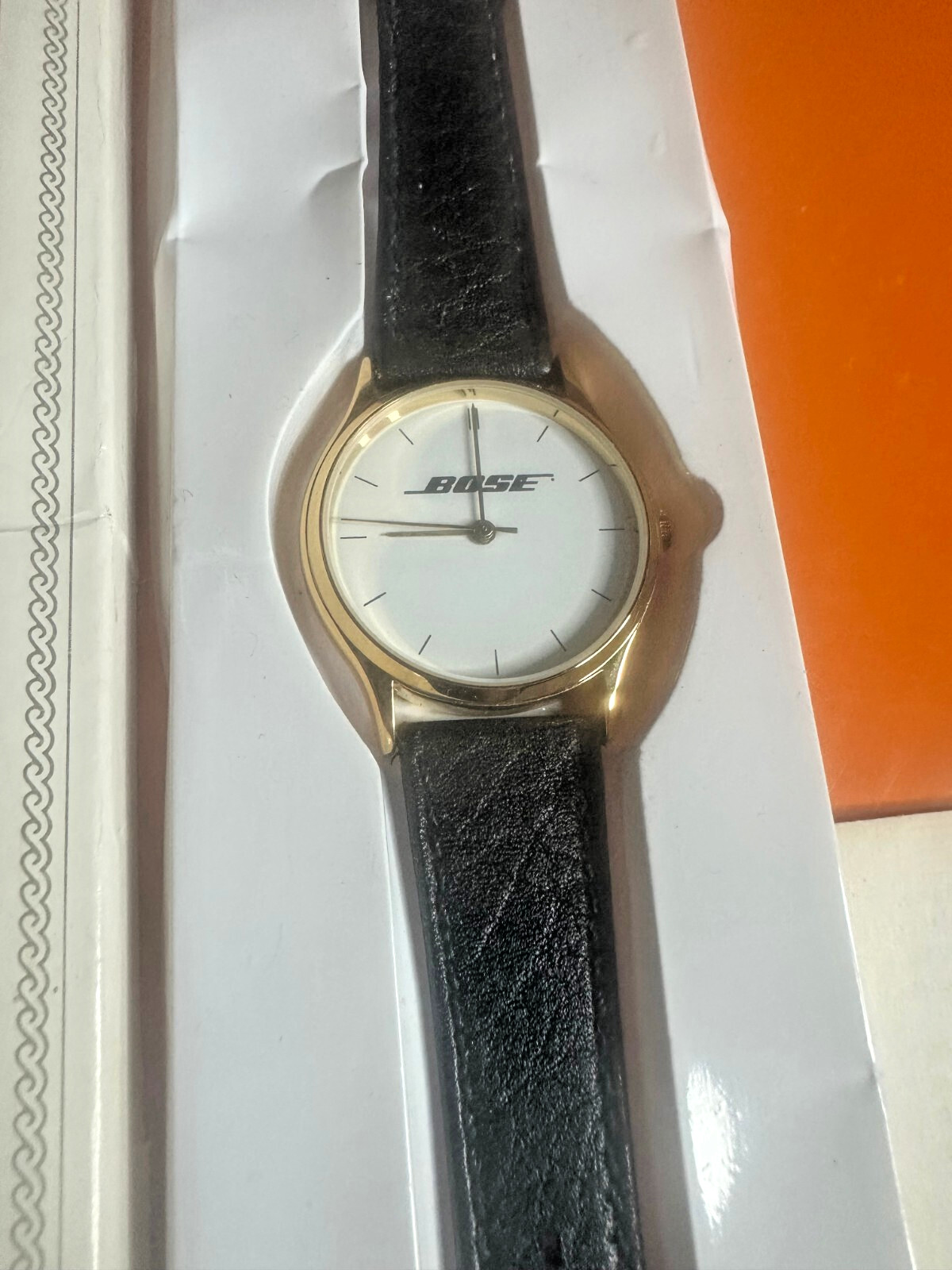 Bose Analog Watch White Face Gold Case, Silver Back Faux Black Leather Band RARE