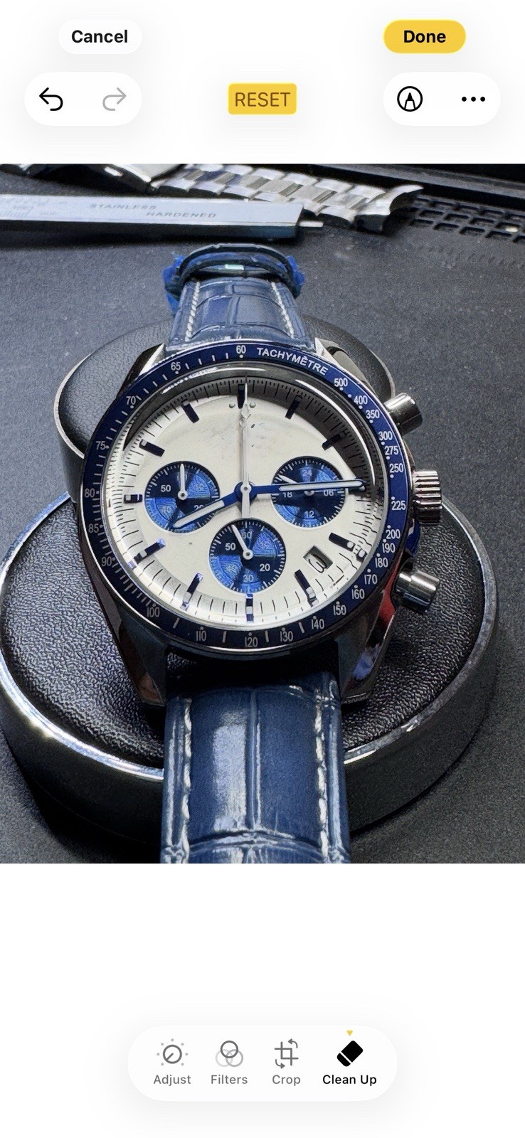 Blue Tachymeter Chronograph With S Logo White Dial watch on a Blue Leather Strap