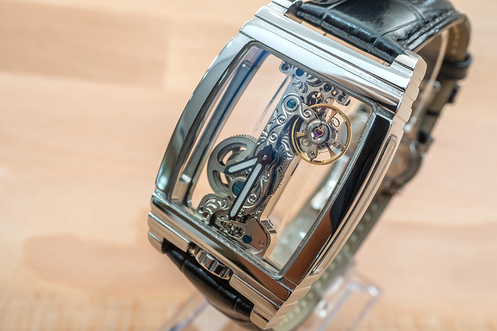 Mens Silver Skeleton Bridge Manual Mechanical Watch – Black Leather Strap