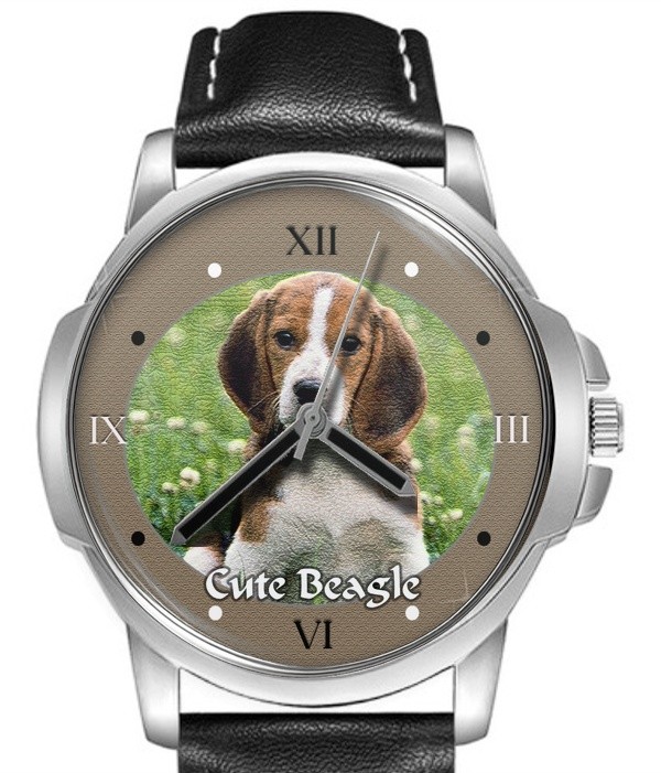 Beagle Puppy Dog Leather Strap Big Dial Gift Wrist Watch