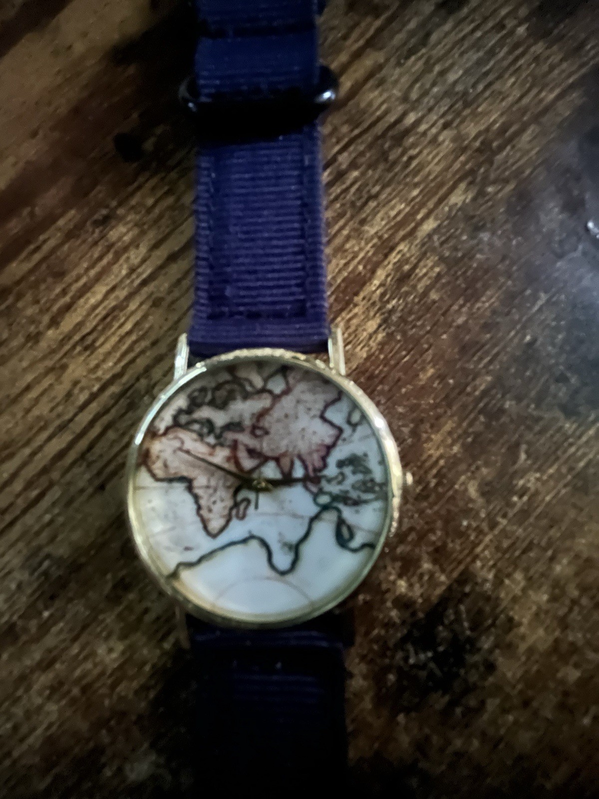 World Map Brown & Gold Toned Wristwatch w/ Nylon Fabric Dark Blue Strap Works