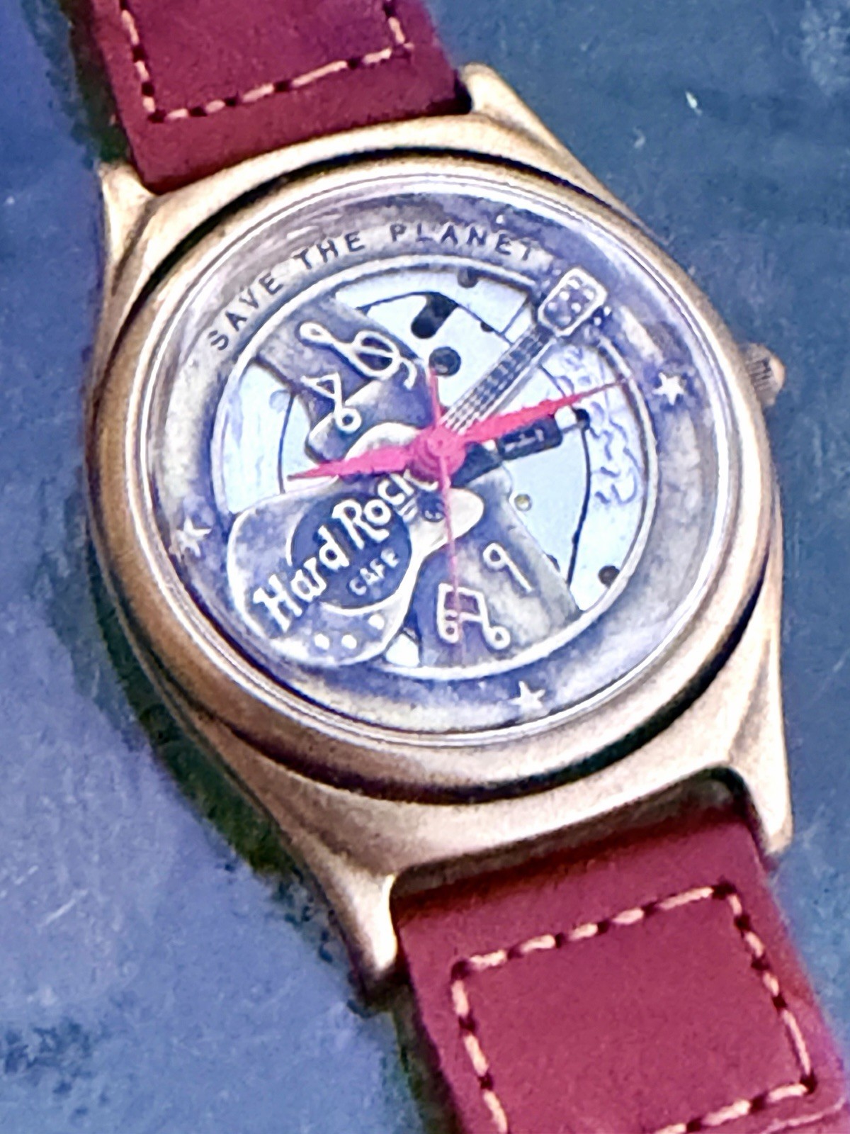 Rare Vintage HARD ROCK CAFE Save The Planet Brass Watch Japan Movement WORKING!