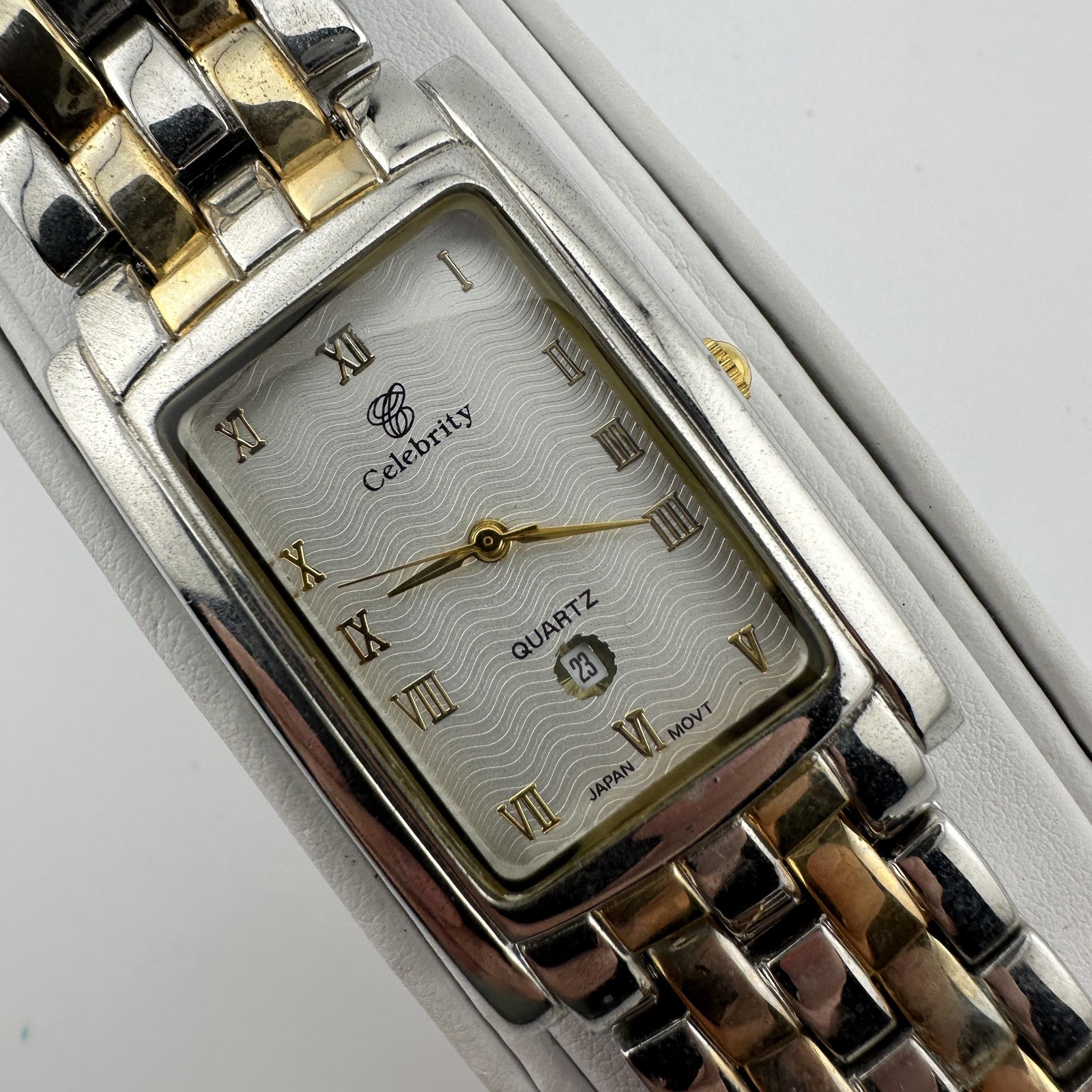 Celebrity Quartz Watch Rectangular Tank Two-Tone Roman Numeral Date Japan Movt