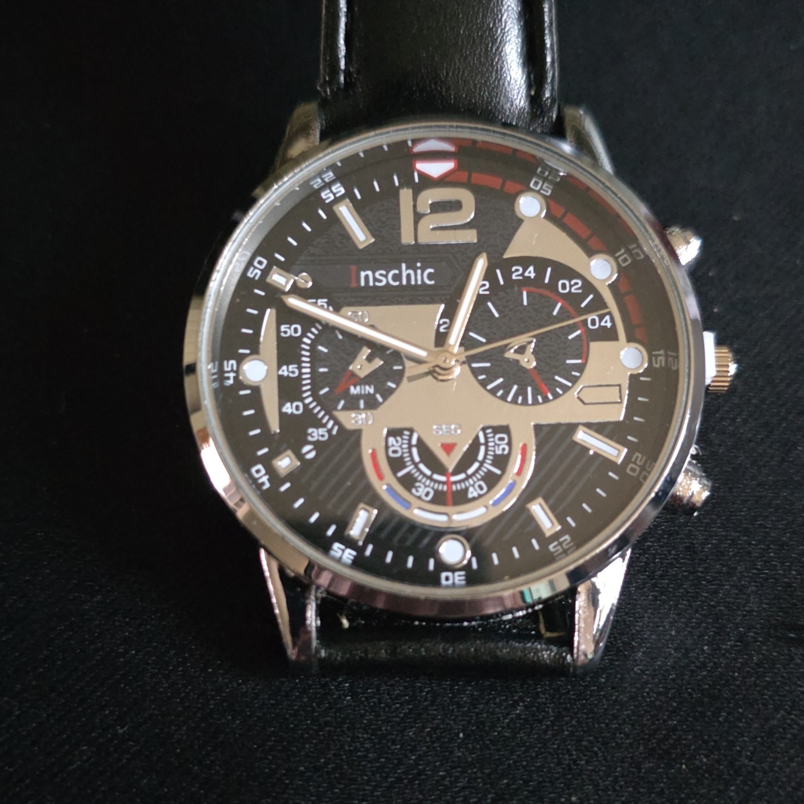 Inschic Men’s Analog Quartz Watch 24-Hour Dial Black Leather Strap, Silver Bezel