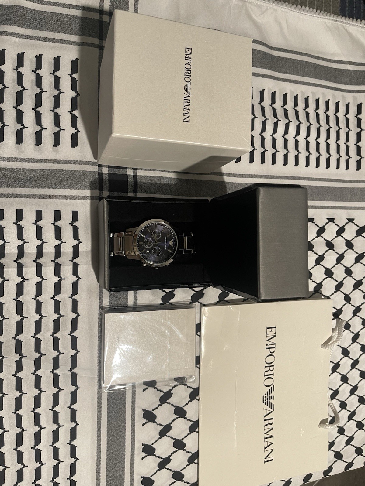 Emporio Armani Men’s Chronograph Date Watch Black Dial Steel Bracelet Box