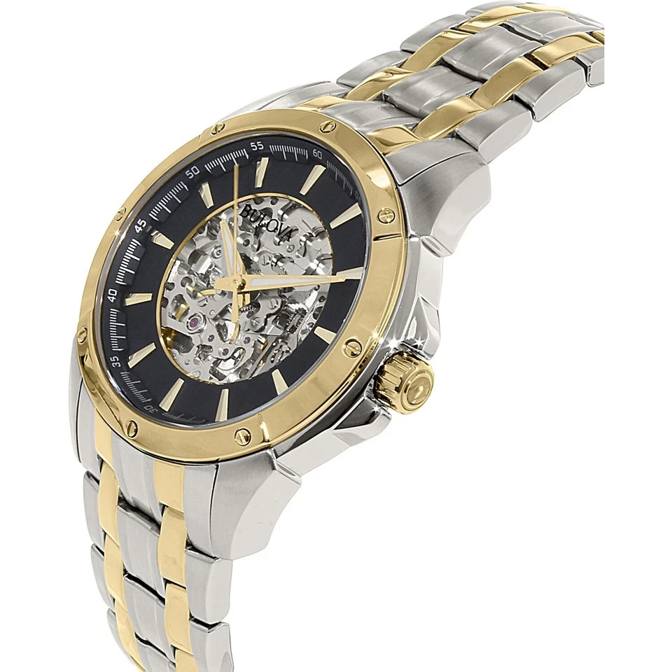 Bulova Mens Automatic Skeleton Dial Exhibition Back Black Dial 43mm Watch 98A146