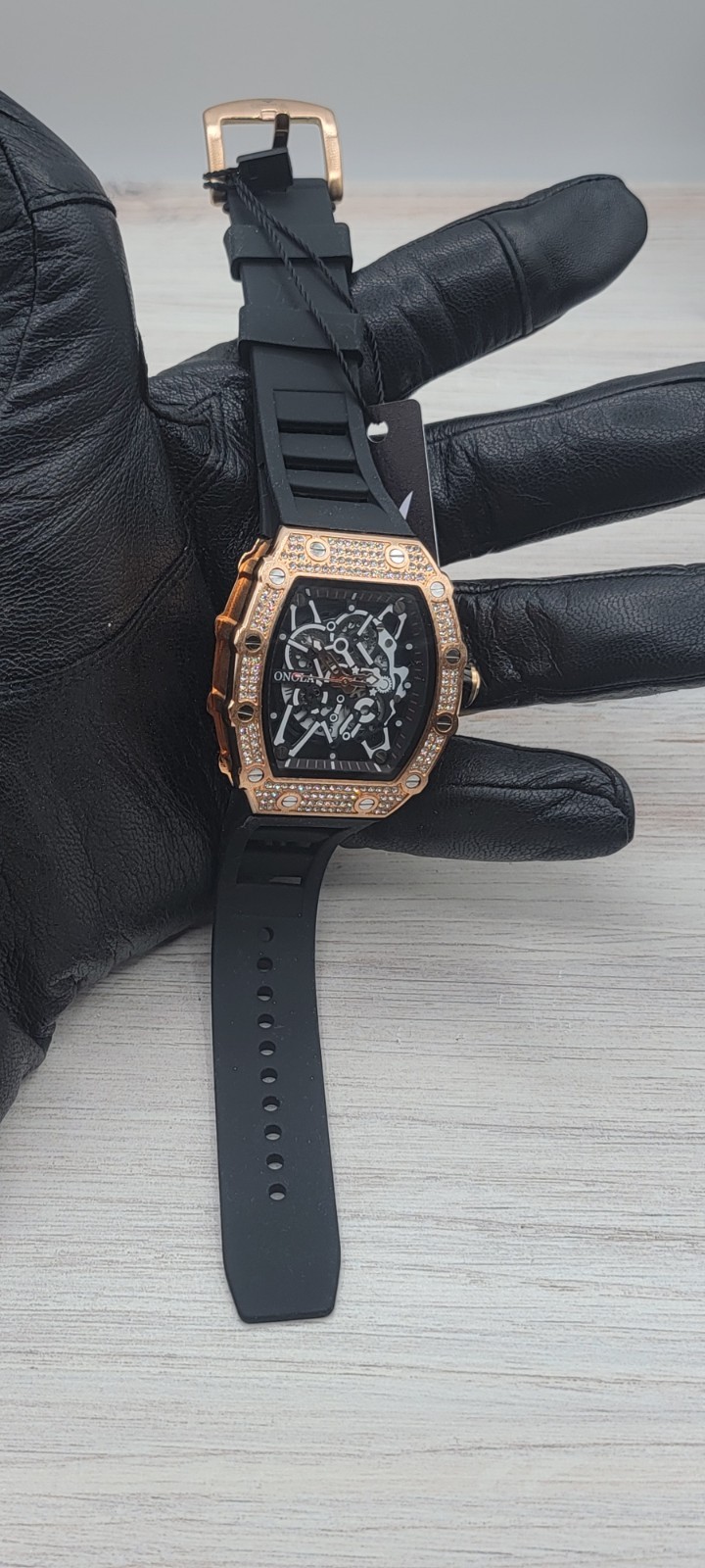 ONOLA Automatic Mechanical Skeleton Watch Rose Gold Black Diamond Style New With