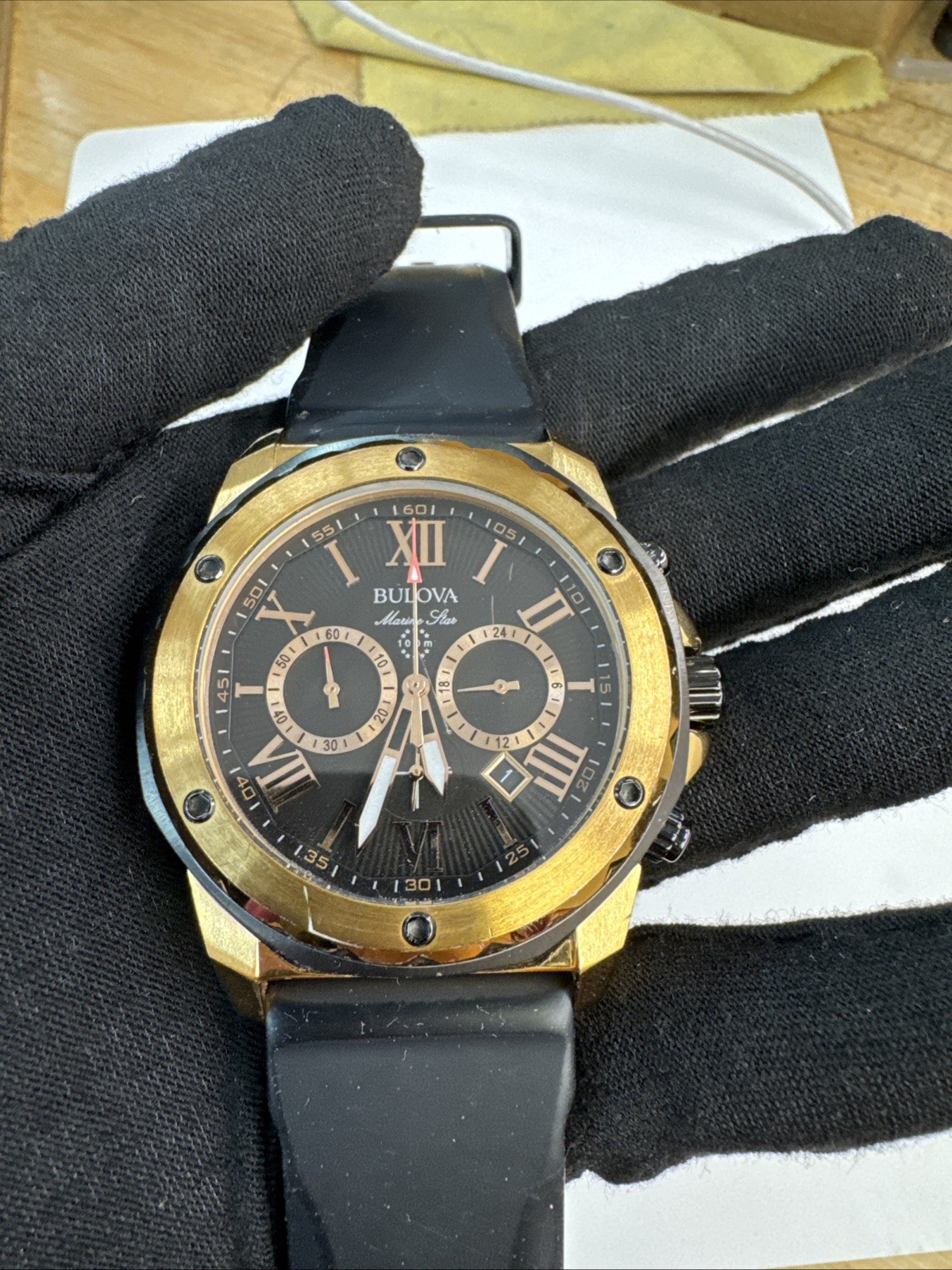 Classic Bulova Men’s Marine Star 98B104 Black Dial Rubber Strap Quartz Watch 44m