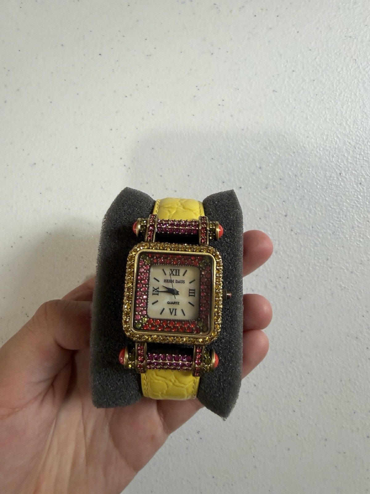 Heidi Daus Quartz Women’s Dress Watch Yellow Leather Strap Square Gem-Set Box