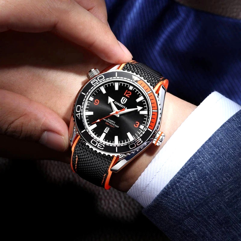 44MM QINGXIYA Quartz Diver Men’s Watch Nylon 30M Waterproof Date Luminous NEW