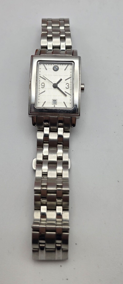 BMW Logo Rectangular Stainless Steel Bracelet Watch 5.5 In Wrist Silver Quartz