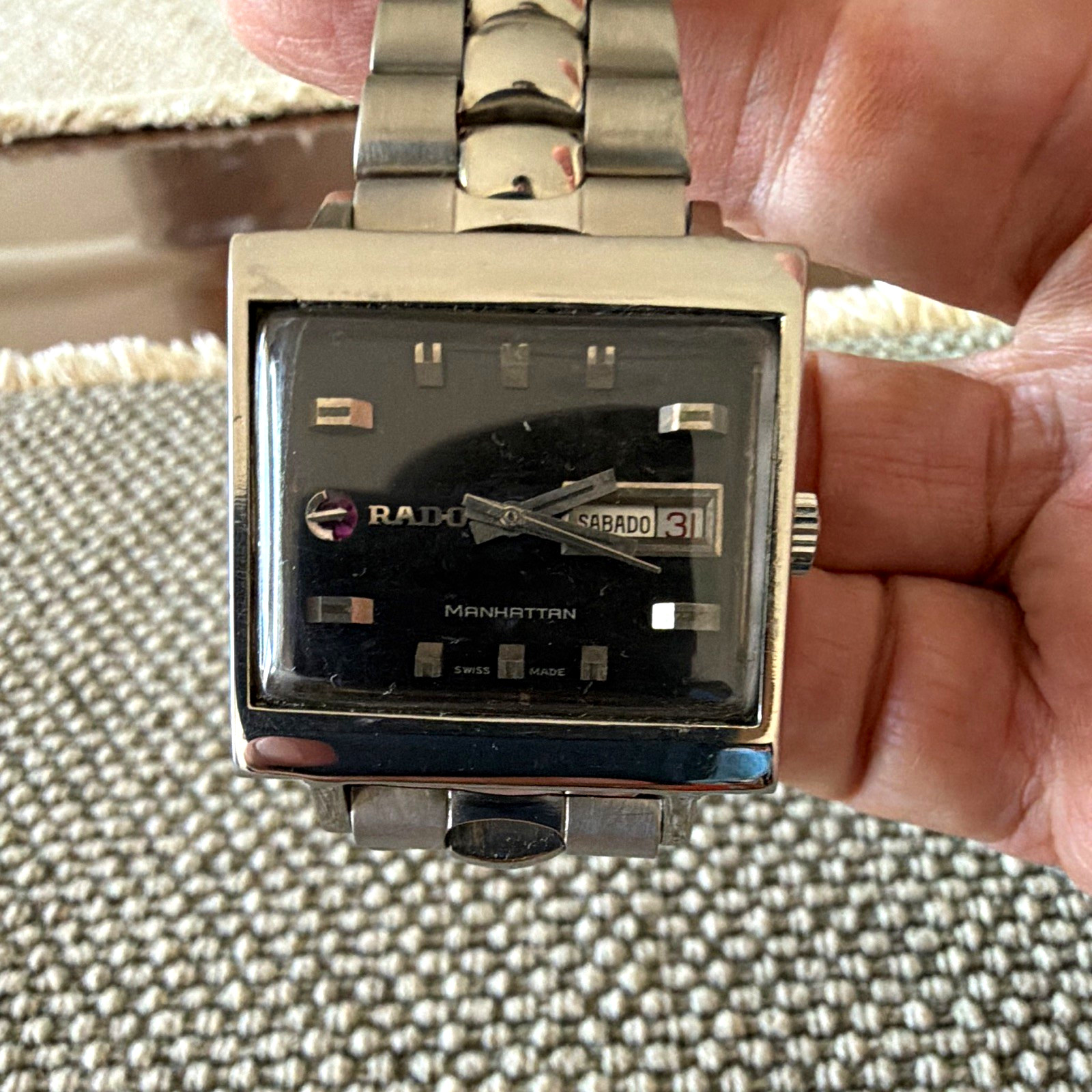 Rado Manhattan Swiss Made automatic Day/Date Black Dial Square Silver Bracelet