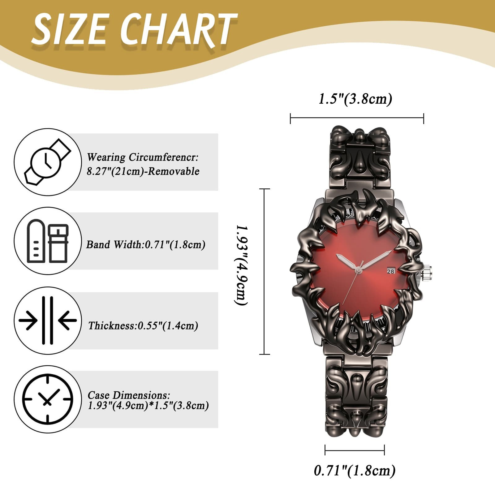 Men Punk Y2K Embossed Flame Adjustale Strap Date Luminous Wrist Watch for Party