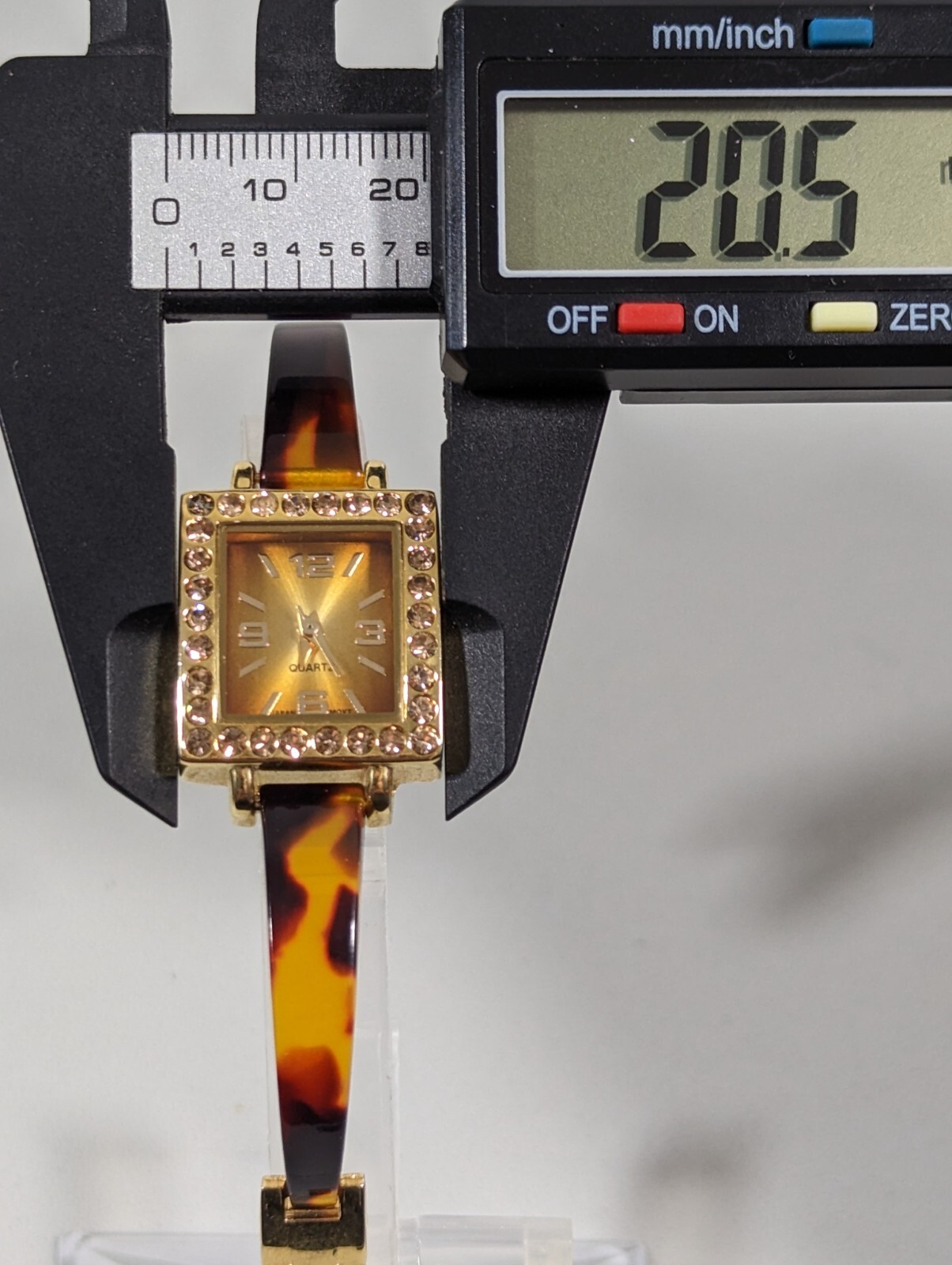 Brown Dial Crystal Accent Gold Tone Square Case Faux Tortoise Shell Band Watch