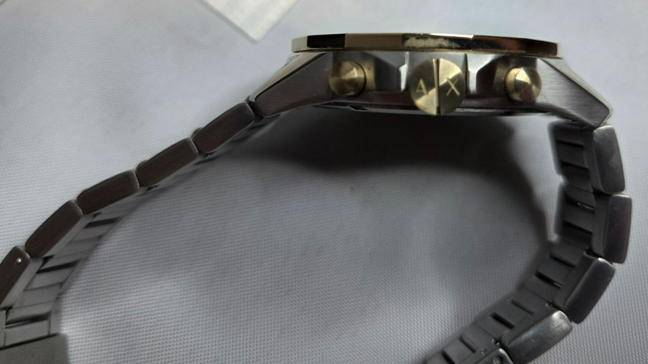Armani Exchange Two-Tone IP Chronograph Watch with Black Dial and Chain Bracelet